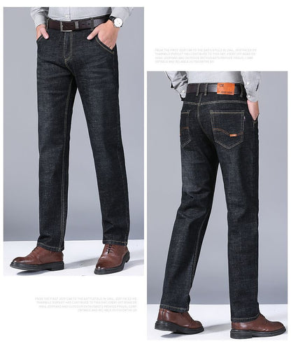 Calça Jeans Masculina Primavera Outono Negócios Casual Confortável Reta Denim Elástica Moda Clássica Macia Premium Azul Preto