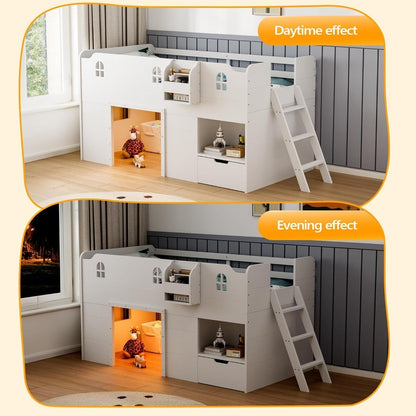 Cama Loft JOYMOR de Solteiro com Luz Led, Cama Baixa com Gaveta de Armazenamento, Design Moderno de Casa de Fazenda com Grade de Castelo Branca