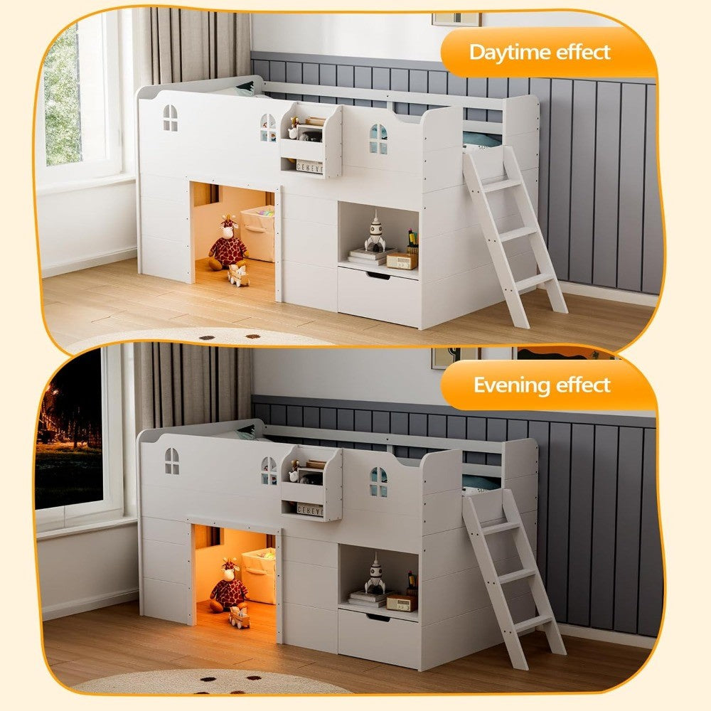 Cama Loft JOYMOR de Solteiro com Luz Led, Cama Baixa com Gaveta de Armazenamento, Design Moderno de Casa de Fazenda com Grade de Castelo Branca