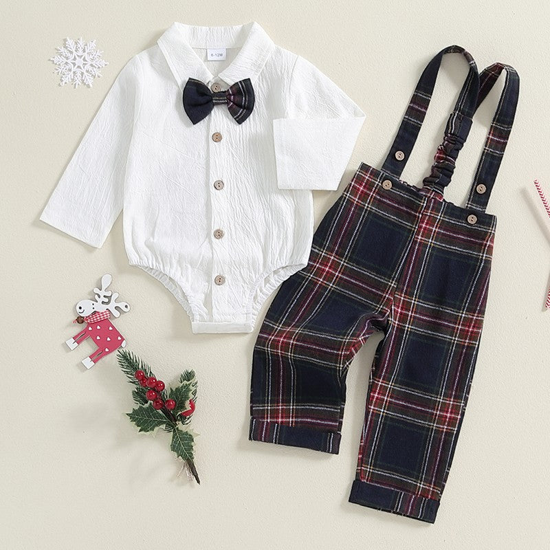 Baby Boy Gentleman Outfits Long Sleeve Lapel Romper + Plaid Suspender Pants + Bow Tie 3Pcs Sets Newborn Toddler Christmas Formal