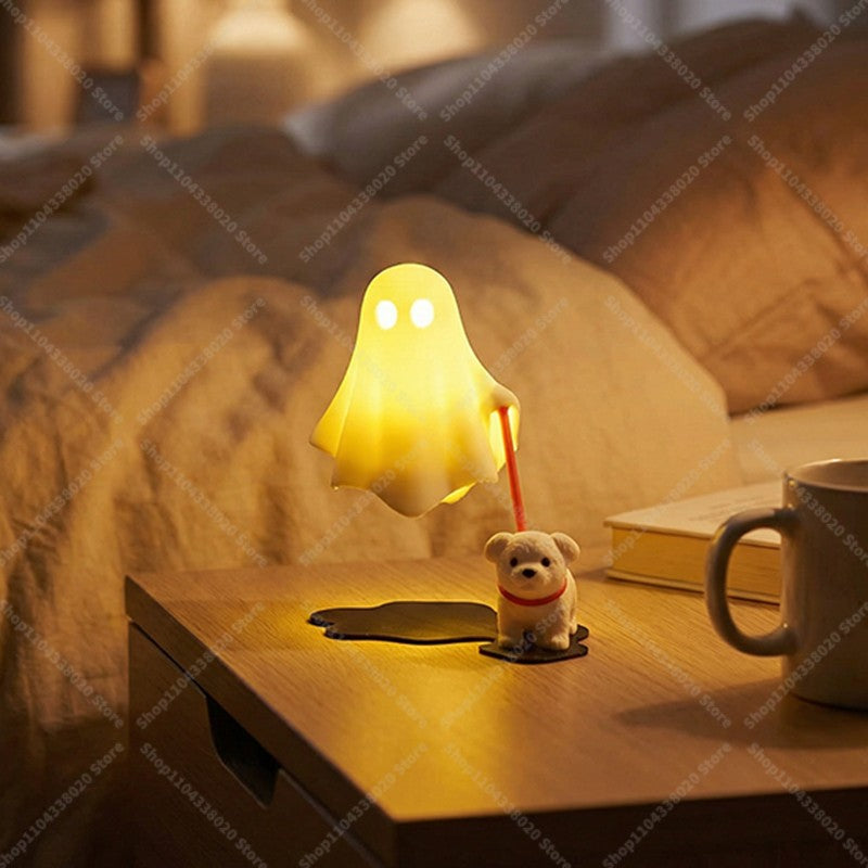 Cute Ghost LED Night Light with Dog Figure - Spooky Desk Lamp, Halloween Decor, Warm Light for Bedroom