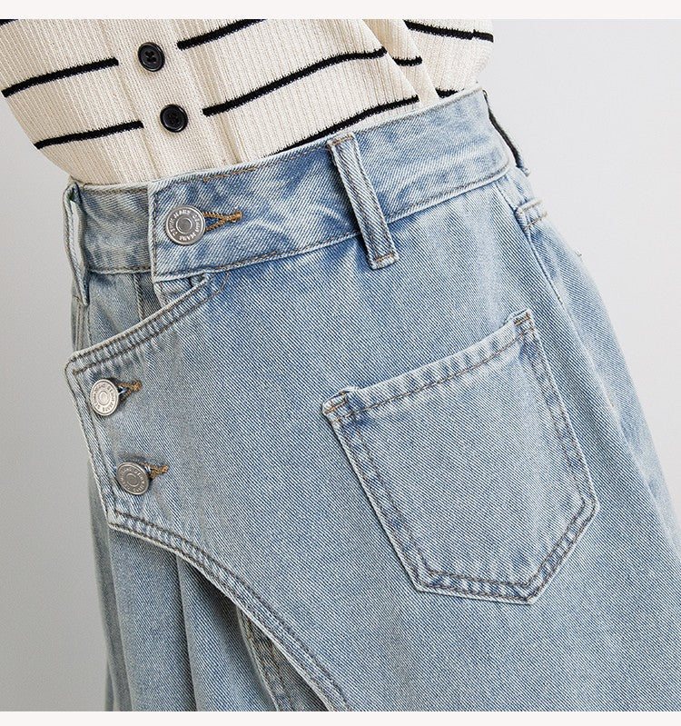 Plus Size Denim A Line Skirt With Lining 2024 Summer New Korean Fashion Pleated Midi Jean Skirt Woman Blue Color Jeans Skirts