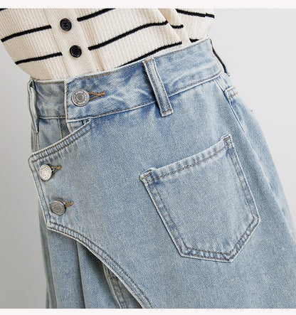 Plus Size Denim A Line Skirt With Lining 2024 Summer New Korean Fashion Pleated Midi Jean Skirt Woman Blue Color Jeans Skirts