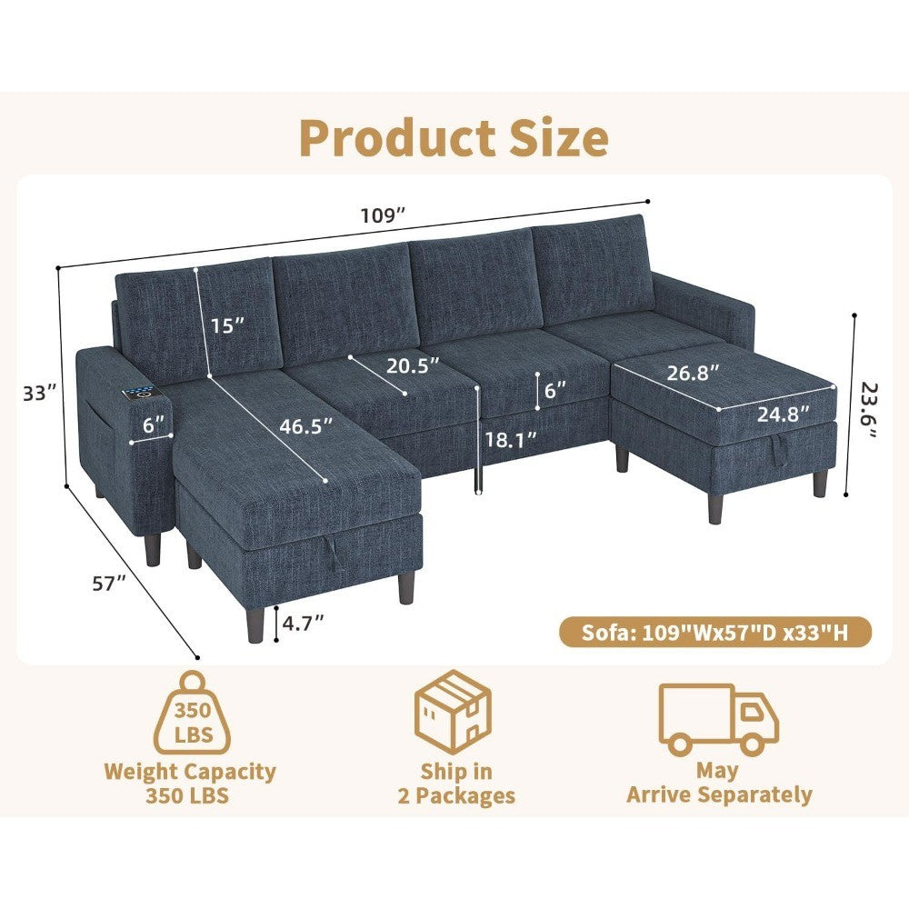Smart Sectional Couches for Living Room, 4 Seat U/L Shaped Sectional Sofa with RGB Light/Charging, Modern Living Room Furniture