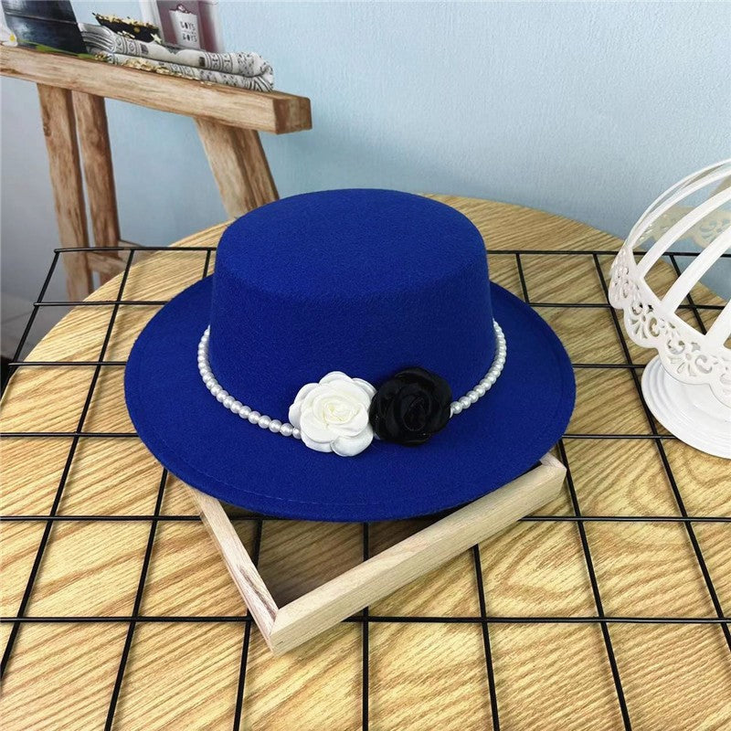 Chapéu Fedora Feminino Corrente Floral Alta Costura com Alfinetes de Pérola Boné em Relevo Preto Branco Outono Inverno Chapéu de Aba Larga para Meninas