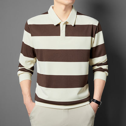 2025 Men's New Striped Long Sleeved Polo Shirt Casual Fashion Autumn Winter Versatile Top