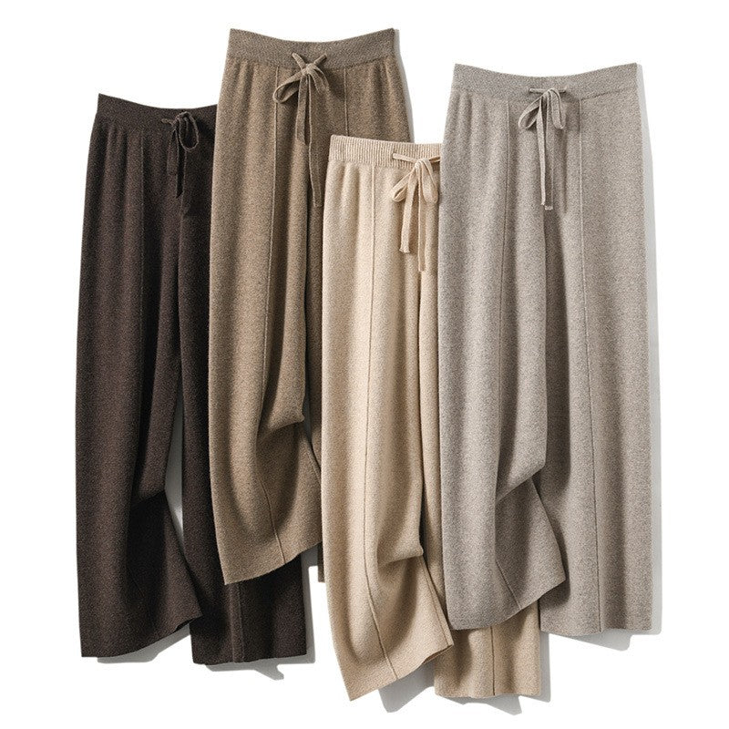 Women's High Waist Knit Wide Leg Pants Thermal Fleece Lined Drawstring Trousers in Earth Tones, Fall Winter Comfort Lounge Wear?