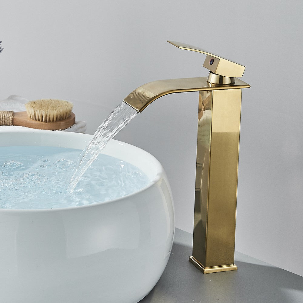 Brushed Golden Basin Faucets Elegant Waterfall Bathroom Sink Faucet Single Lever Hole Deck Mount Brass  Mixer Taps