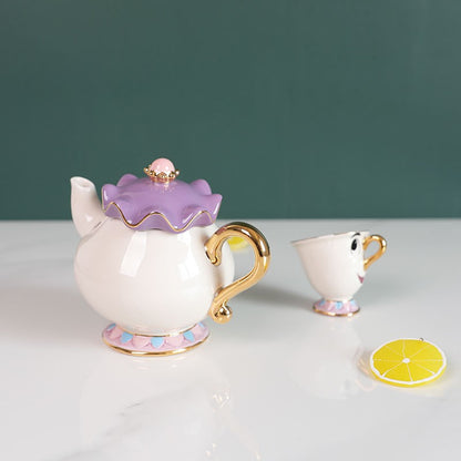 Bule de Chá Bela e a Fera Disney Fofo Desenho Animado Cafeteira Caneca Sra Potts Xícara Zip Bules de Chá Conjunto de Xícaras Decoração de Casa Enfeite Presente