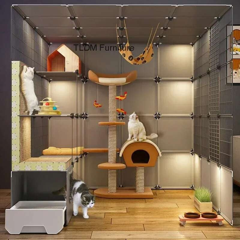 Super Grandes Gaiolas de Gatos com Espaço Livre Casa para Animais de Estimação Interna Villa para Gatos com Caixa de Areia Integrada Gabinete Nórdico Multi-Camadas para Gatos