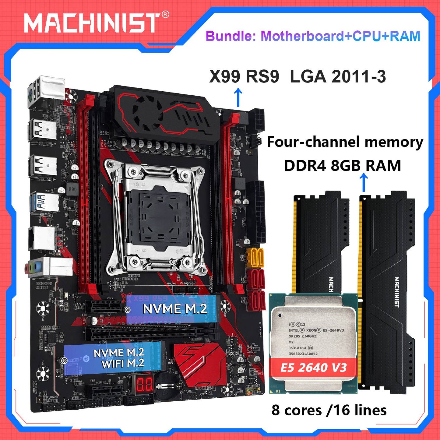 Kit Placa-mãe MACHINIST X99 RS9 Opcional LGA2011-3 Xeon E5 2640 V3 CPU e 16GB RAM DDR4 NVME M.2 Quatro Canais USB3.0