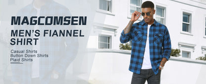 MAGCOMSEN Flannel Shirts Men's Long Sleeves Cotton Long Sleeve Plaid Shirt with 2 Pockets Button Down Casual Corduroy Shirt Male