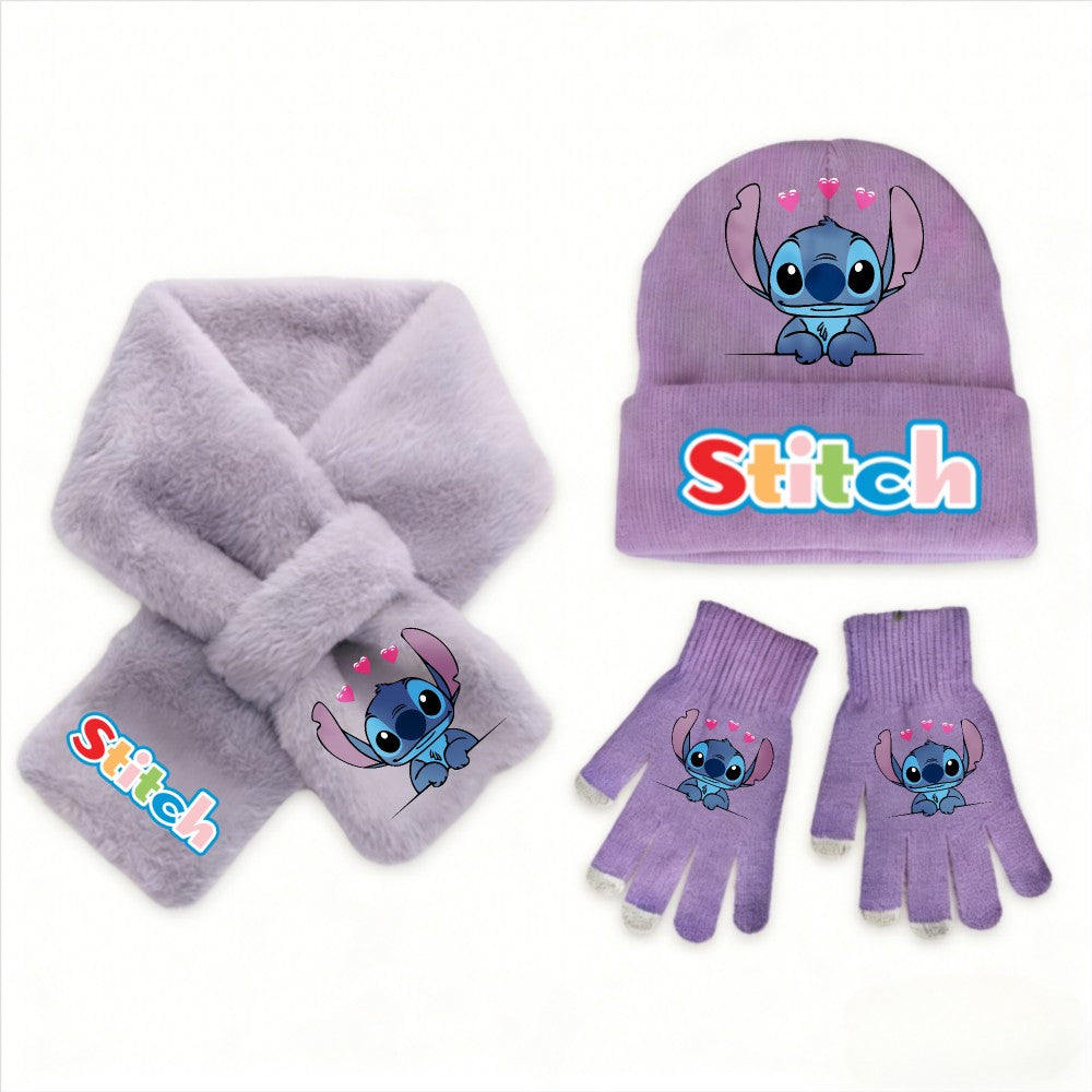 Conjunto de 3 peças de chapéu, cachecol e luvas de malha de inverno Stitch Disney Kawaii quente para meninas Acessórios casuais de moda infantil presente de Natal perfeito