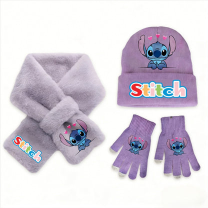 Conjunto de 3 peças de chapéu, cachecol e luvas de malha de inverno Stitch Disney Kawaii quente para meninas Acessórios casuais de moda infantil presente de Natal perfeito