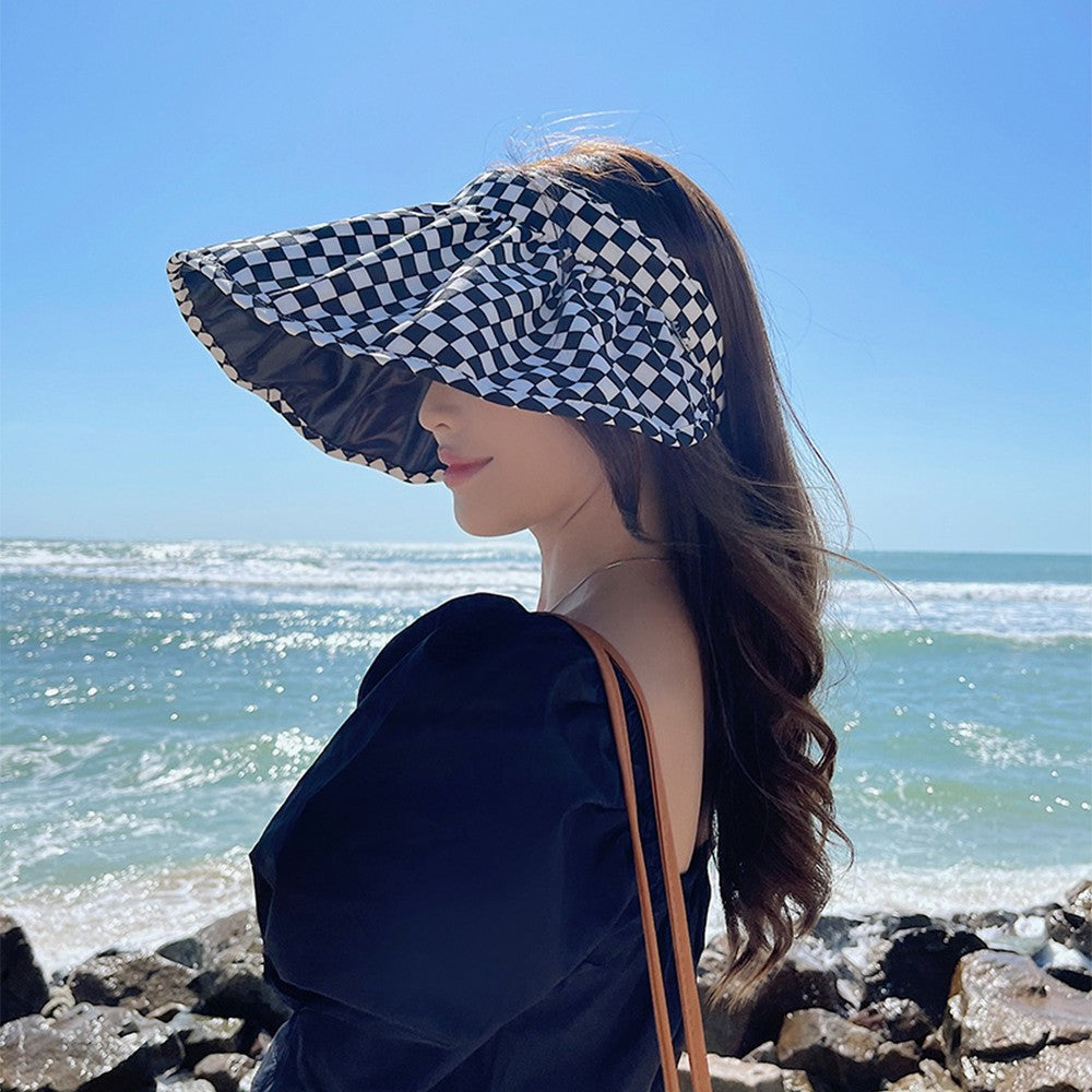 Chapéu gradiente xadrez Chapéu de verão feminino Chapéu vazio Viseira de sol Chapéu de sol de verão com aba larga Chapéu de proteção UV para mulheres Chapéu de praia