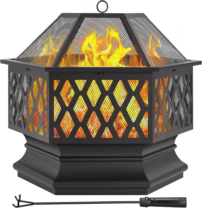 Hex Shaped Fire Bowl - Large Wood Burning Outdoor Fire Pit with Spark Screen & Poker for Bonfire, Picnic,