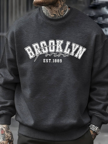 Brooklyn Forever Letter Design Men Sweatshirt Fleece Soft Clothes Trendy Loose All-Match Streetwear Crewneck Fashions Pullover