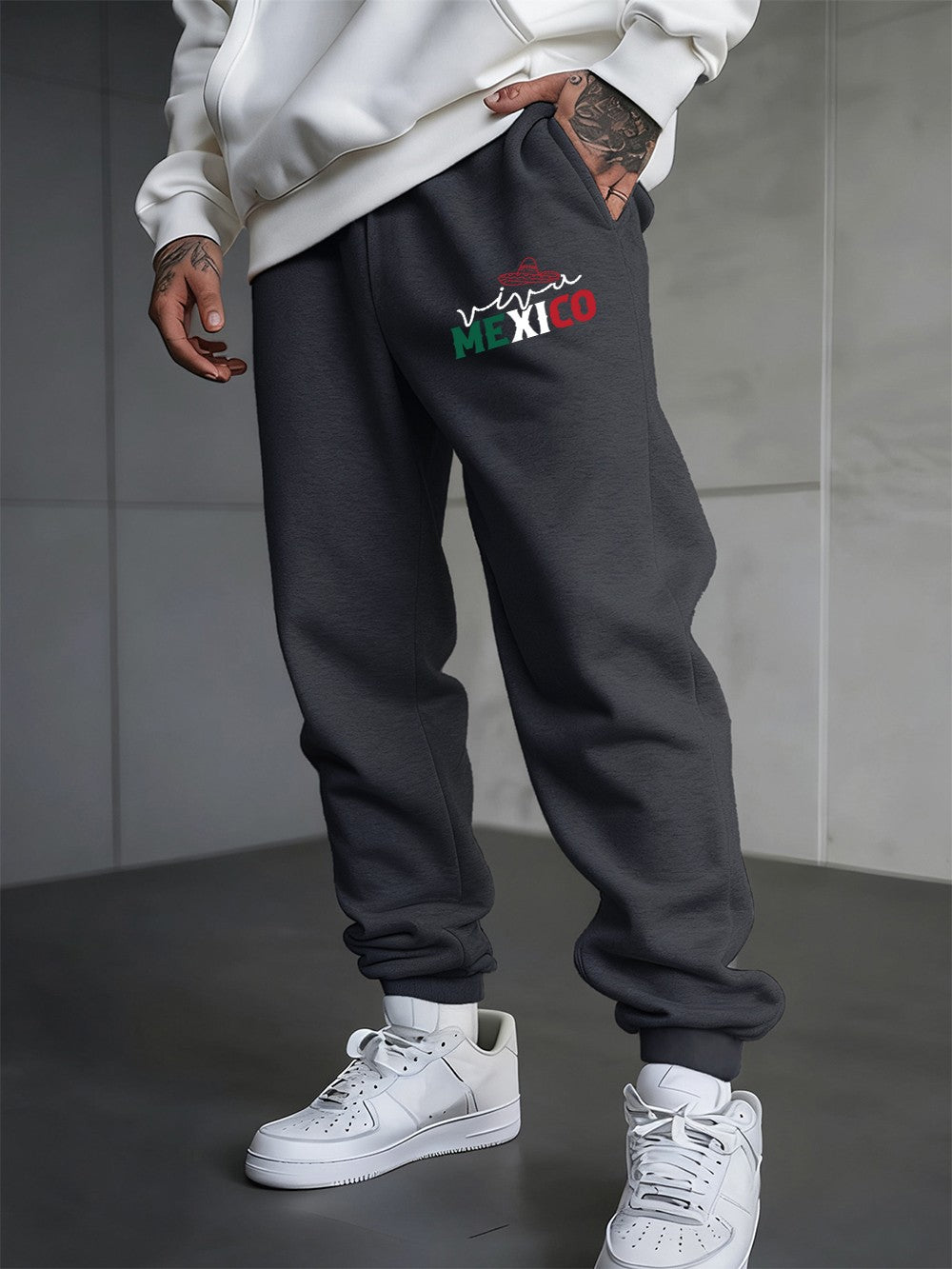 Mexico Creative Letter Prints Sweatpants Mens Casual Trousers Elastic Waist Loose Pocket Jogger Pants Autumn Fleece Warm Clothes