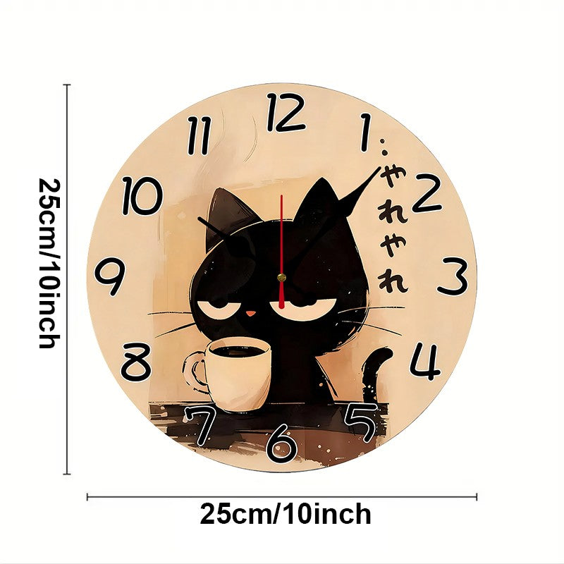 Japanese Style Cat Wooden Round Silent Hanging Wall Clock, Suitable For Living Room, Office,Study Room, Bedroom, Home Decoration