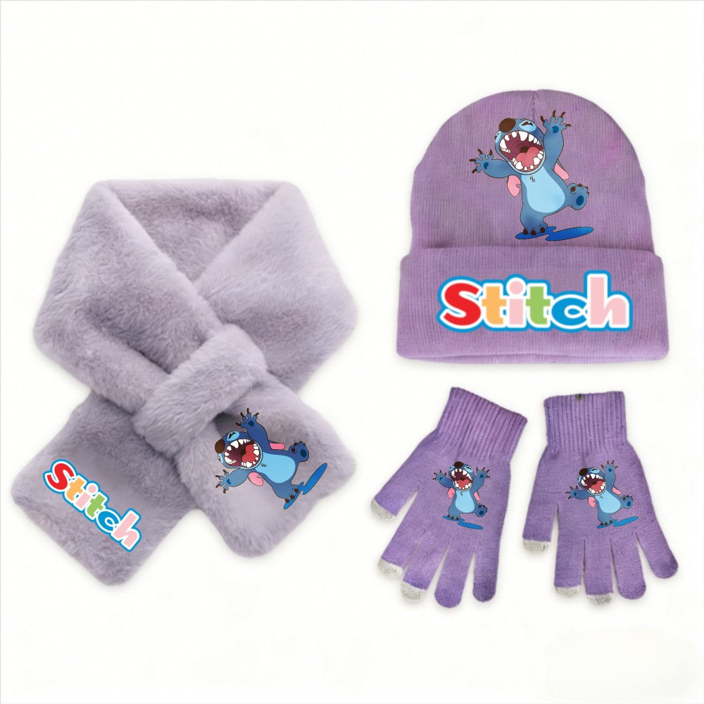 Conjunto de 3 peças de chapéu, cachecol e luvas de malha de inverno Stitch Disney Kawaii quente para meninas Acessórios casuais de moda infantil presente de Natal perfeito