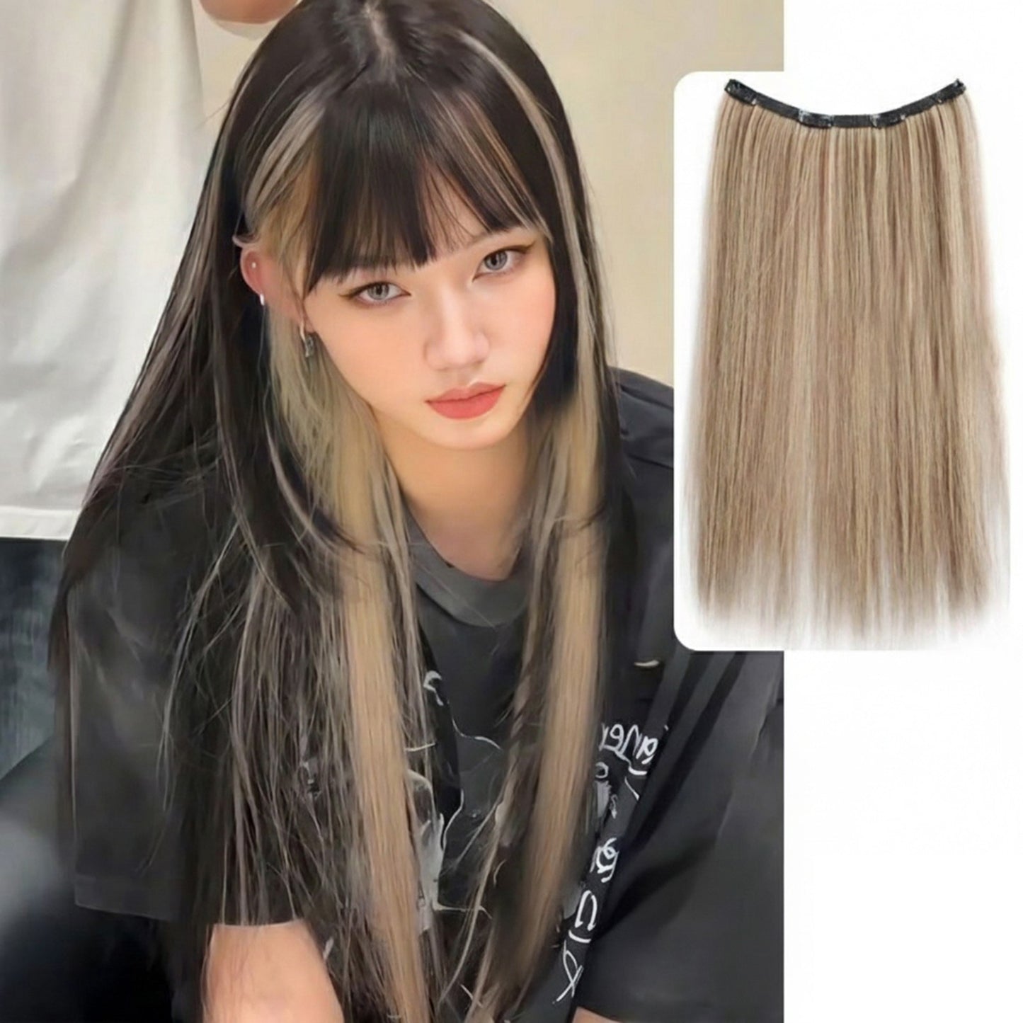 Extensão de Cabelo Sintético Liso Com Clip, Peça Única, 4 Clips, Camada Interna Escondida, Cor de Cabelo, Peruca de Cor
