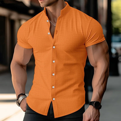 Men's stand up collar linen shirt summer beach button pool orange short sleeved shirt casual daily