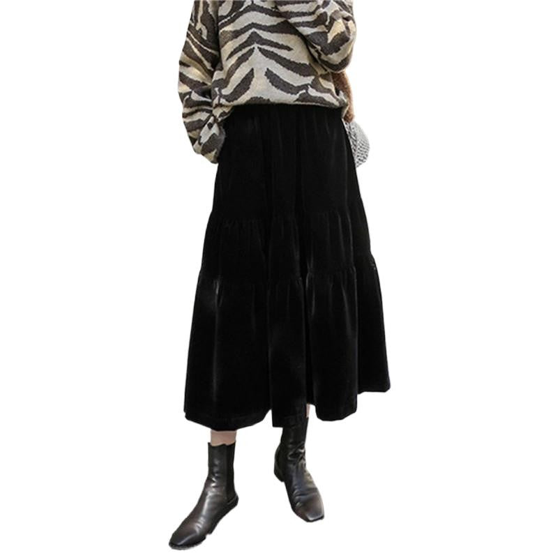 Preppy Style A-line Long Skirt Female Vintage Velvet Solid Skirt Autumn Winter Women Fashion High Waist Office Work Skirts 7XL