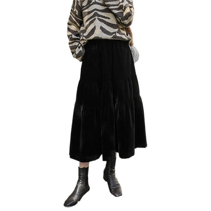 Preppy Style A-line Long Skirt Female Vintage Velvet Solid Skirt Autumn Winter Women Fashion High Waist Office Work Skirts 7XL