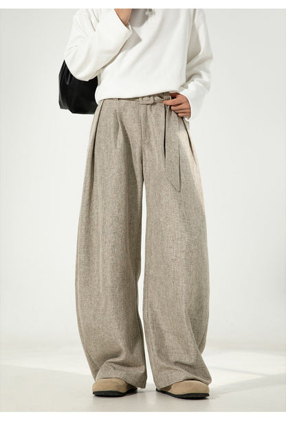Men's Pleated Drape Curved-Leg Trousers Loose-Fit Straight-Leg Pants Retro-Style Belted Casual Pants