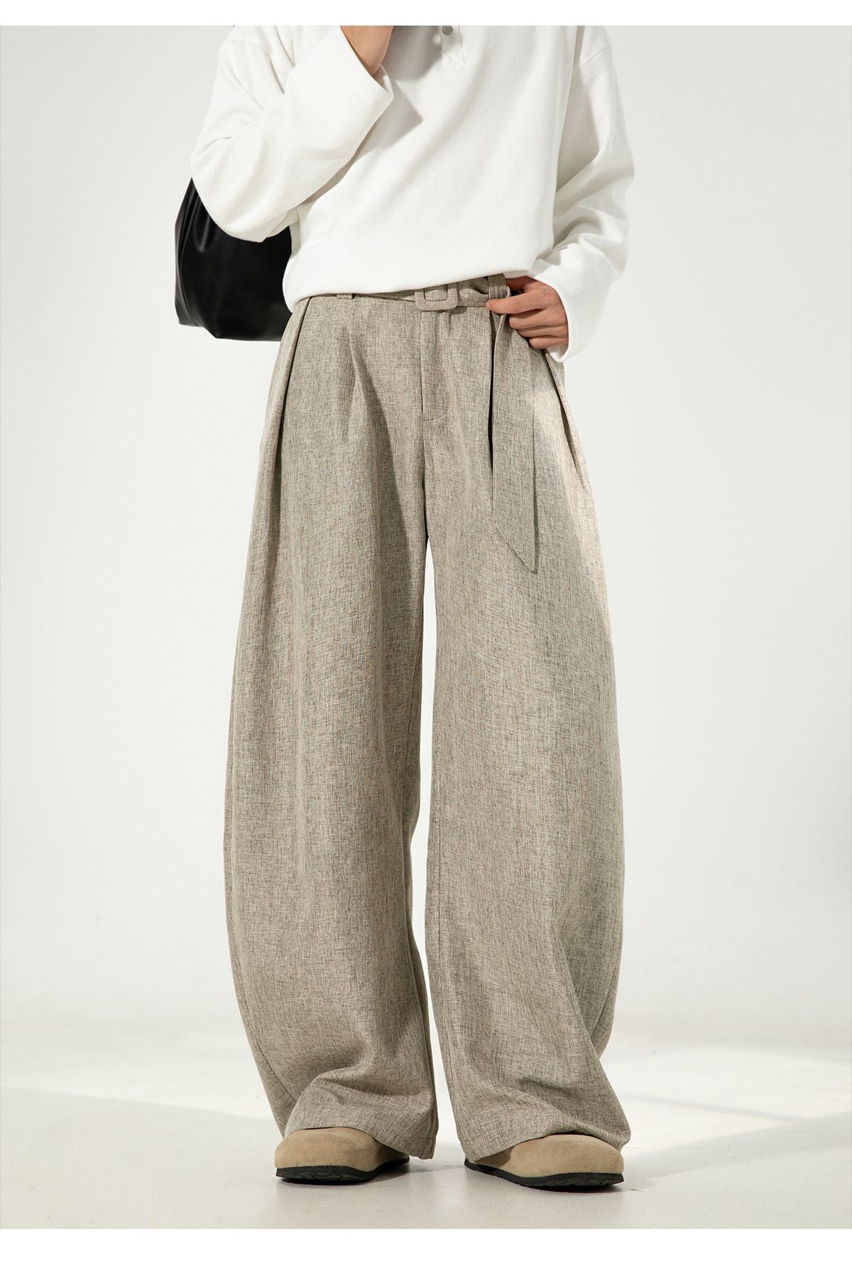 Men's Pleated Drape Curved-Leg Trousers Loose-Fit Straight-Leg Pants Retro-Style Belted Casual Pants