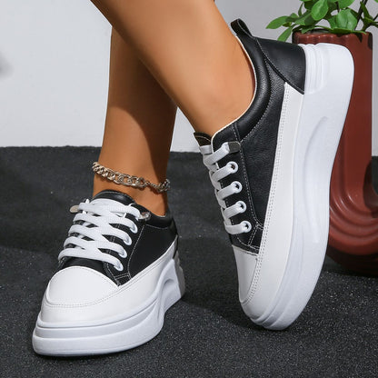 Tênis Feminino Branco de Outono com Cadarço, Sola Grossa, Casual, Antiderrapante, para Caminhada ao Ar Livre, Calçados Esportivos, Sapatos Femininos