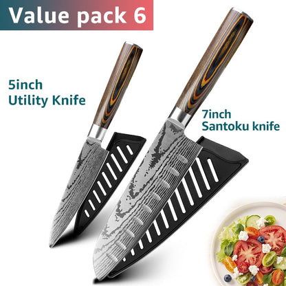 Conjunto de Facas de Cozinha 1-7PÇS Faca de Chef Japonesa Santoku 7CR17 Aço Inoxidável 440C Faca de Imitação de Damasco Cutelo de Carne Fatiador