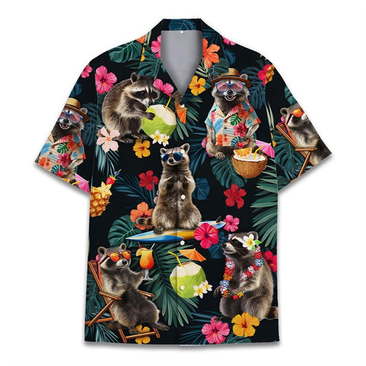Funny Raccoon 3D Print Shirts For Men Hawaiian Casual Short Sleeve Lapel Blouse