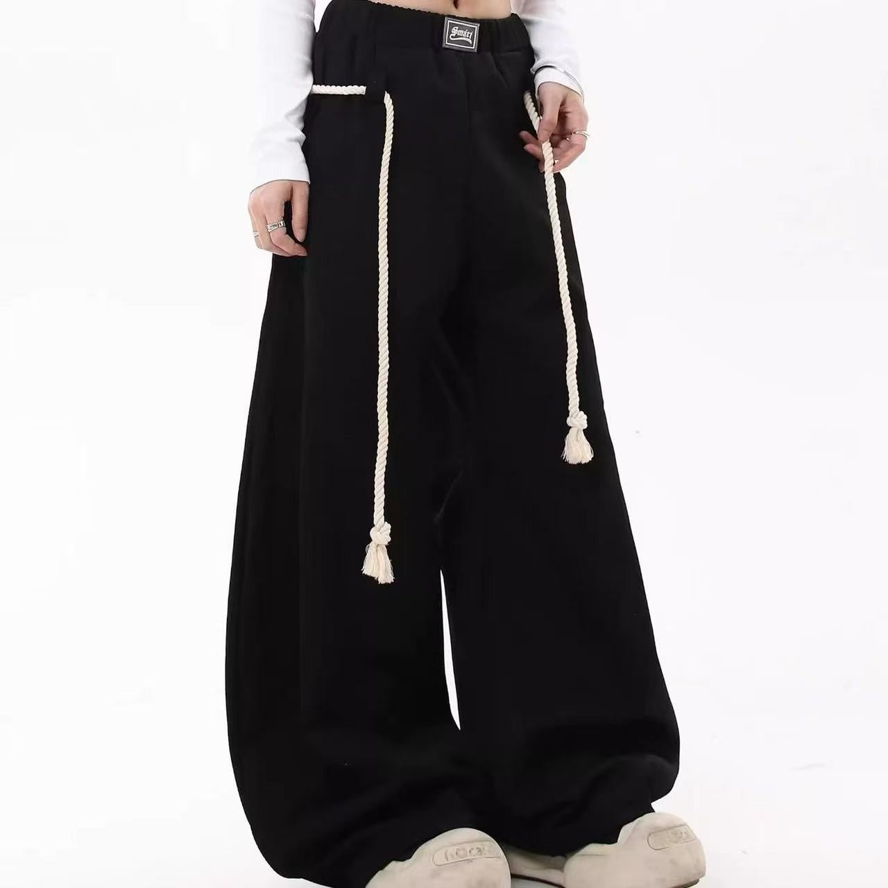 2025 New Women Personalized Woven Hemp Rope Belt Loose Wide-leg Casual Pants Bloomers