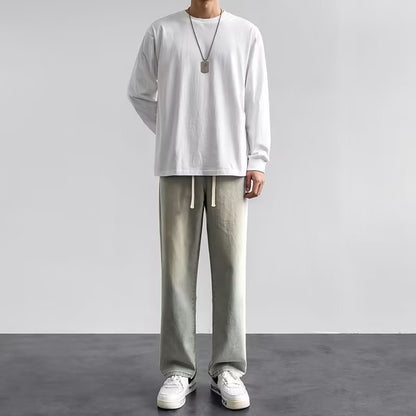 Korean Solid Colors Men's Casual Long Jeans Classic male Four Seasons Straight Denim Wide-leg Pants Light Blue Grey Black S-3XL