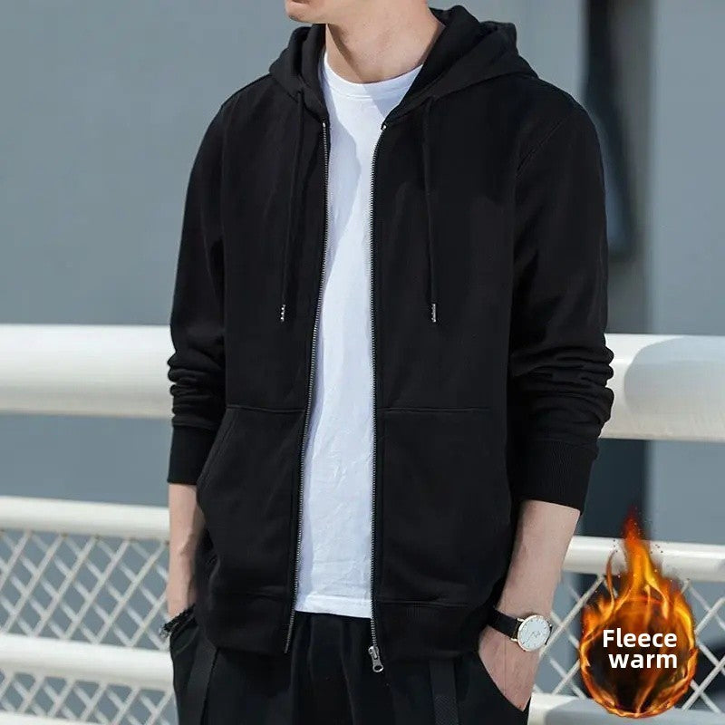Men's Fleece-Lined Warm Jacket 2024 Autumn Winter New Cardigan Sports Top Casual Hooded Sweatshirt Regular Length China Origin