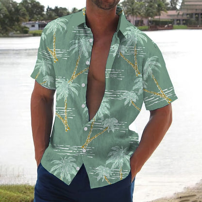 Retro Men's Shirt Coconut Tree Print Short Sleeve Shirts Beach Casual Man Clothing Loose Oversized Hawaiian Shirts For Men 2024