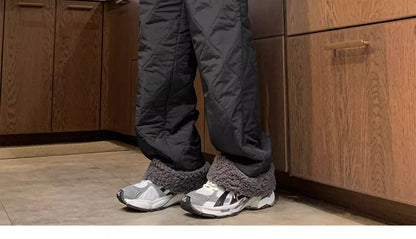 Heavy Winter Cotton Waterproof Splicing Lamb Fleece Cotton Pants for Men and Women, Solid Color Diamond Grid Embroidered Clip Co