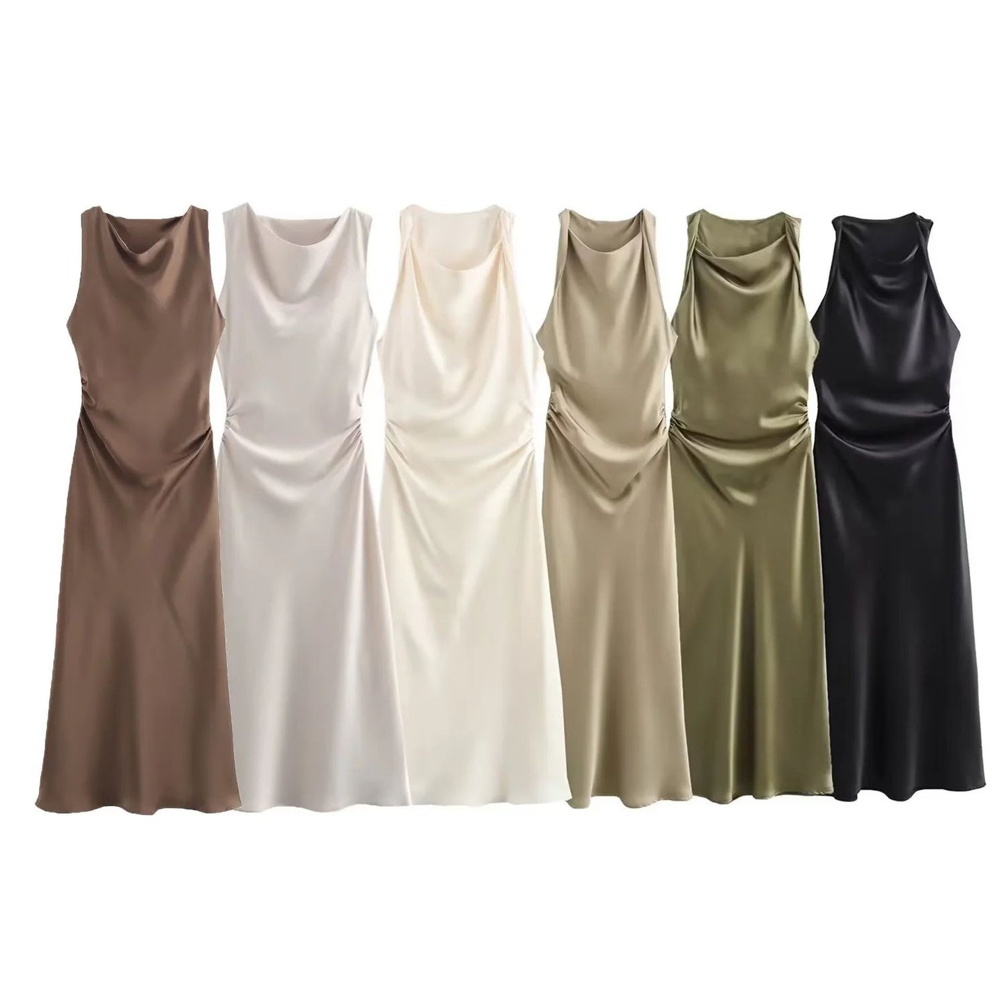 TRAF Satin Long Dresses for Women 2024 Summer Slip Midi Dress Woman Sexy Evening