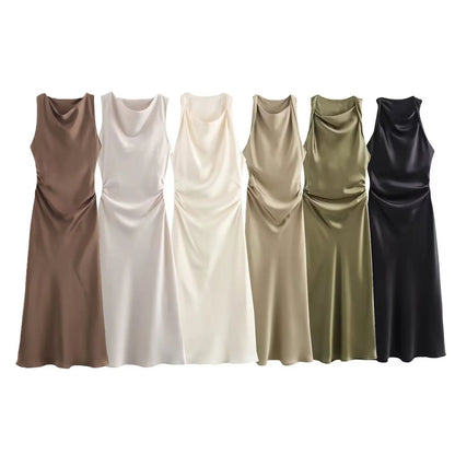 TRAF Satin Long Dresses for Women 2024 Summer Slip Midi Dress Woman Sexy Evening
