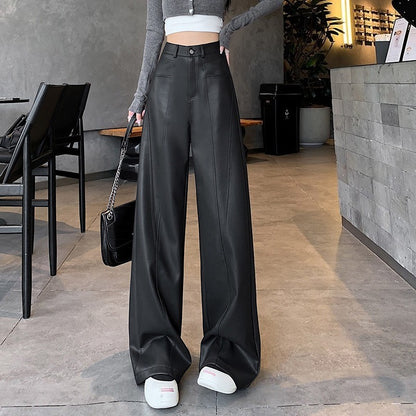 2025 New High Waist Vintage Black Women's PU Leather Wide-Leg Pants Loose Straight Retro Casual Floor-Length Pant Autumn Winter