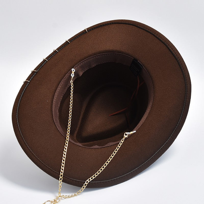 Chapéus Fedora Retrô Femininos Masculinos Chapéu de Jazz em Feltro com Corrente de Metal Aba Curva Chapéu de Cowboy Ocidental Sombrero Hombre