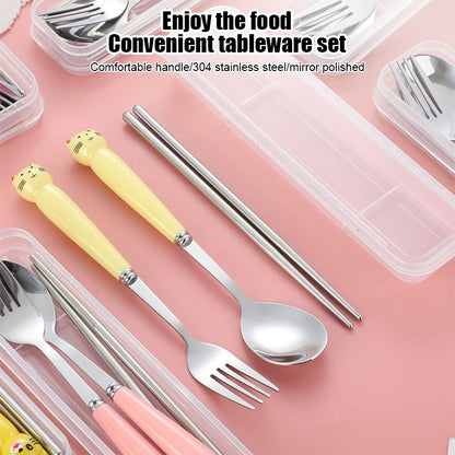 Cute Cartoon Travel Tableware with Case Portable Utensils Cutlery Set Reusable Flatware Silverware Include Fork Spoon with Case