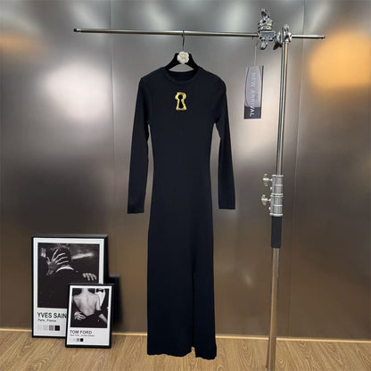 2025 Winter Women's Long Sleeve Knitted Stretch Hollow Corset Long Dress Y2K Clothing New Fashion High-Quality Party Dress bra