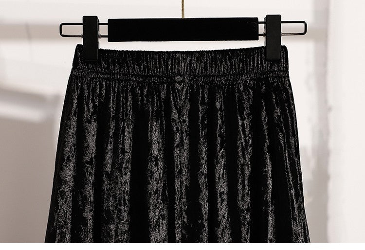 Autumn Winter Girls New A-line Velvet Skirt 2025 Plus Size Gold Velvet Half Pleated Skirt Solid Versatile High Waist Mid Skirt