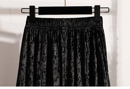 Autumn Winter Girls New A-line Velvet Skirt 2025 Plus Size Gold Velvet Half Pleated Skirt Solid Versatile High Waist Mid Skirt