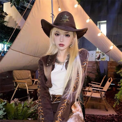 Western Cowboy Hat Retro Sheriff Cap Sunscreen With Wind Rope Hat Men And Women Horseback Riding Tourism Fishing Sunshade Cap