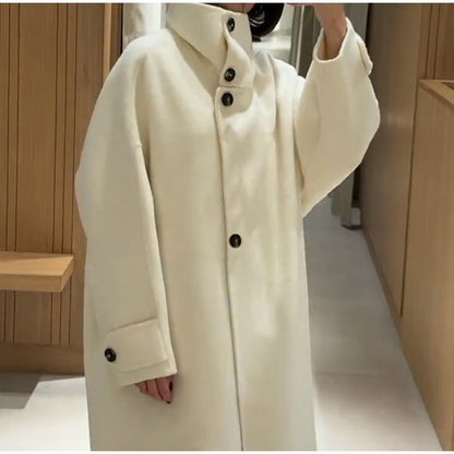 Elegant Stand Collar Long Coat Women Retro Chic Loose Single Breasted White Tweed Coats Lady 2025 Winter Casual Street Overcoats
