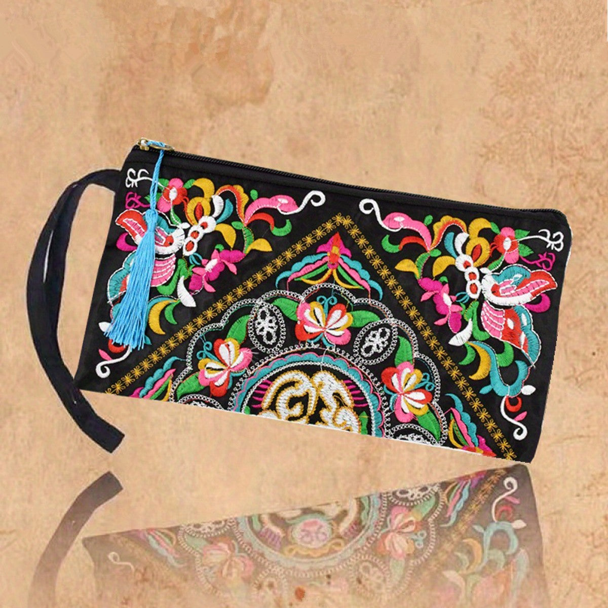 Vintage Ethnic Style Embroidered Long Wallet Wristlet Clutch Bag with Flower Fabric and Phone Pocket