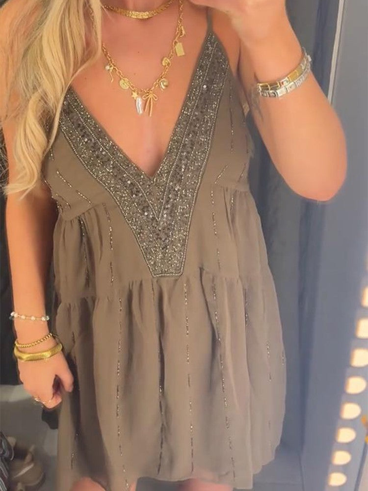 Sequins Bead Snowflake Midi Dress Women Fashion Sleeveless Backless Ruffle Pleat